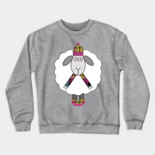 Cosy Winter Sheep With Pink, Blue and Yellow Tartan Hat, Scarf and Boots Crewneck Sweatshirt